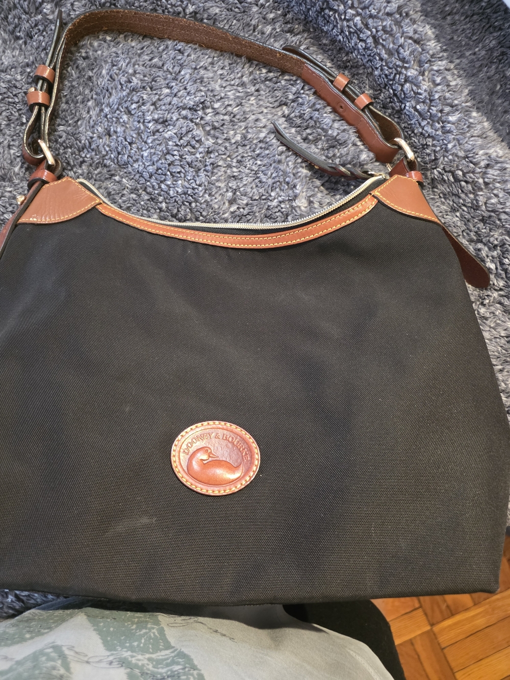 Dooney & Bourke Black Nylon and Brown Leather Hobo Shoulder Bag